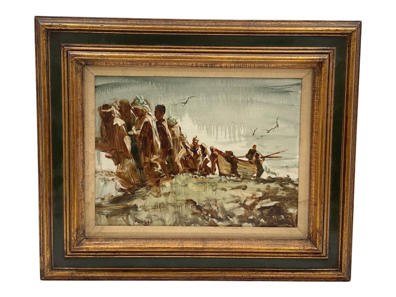 Fishermen and Boats at Shore by Palmieri (Italy, 20th Century) Oil on Canvas Mounted to Board (1 of 4)