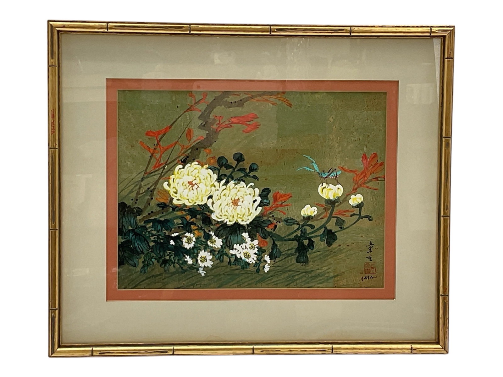 "Chrysanthemums and Praying Mantis" by Hui Chi Mau (China/United States, B.1922) Ink and Color on (1 of 4)