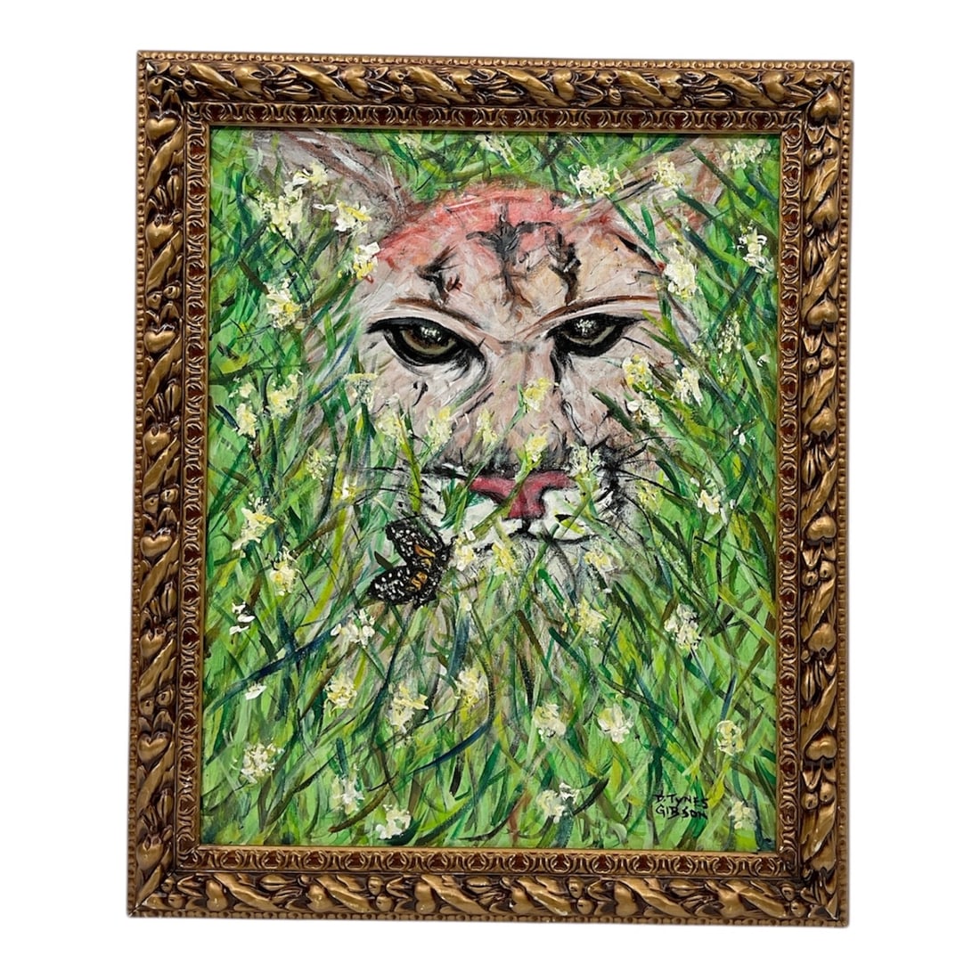 "Tiger in the Grass" by Dominique Tynes Gibson (American, B. 1971) Acrylic on Canvas: This compelling composition features the face of a tiger peering through tall, vibrant green blades of grass interspersed with delicate white wildflowers. A single butterfly is perched on a blade of g