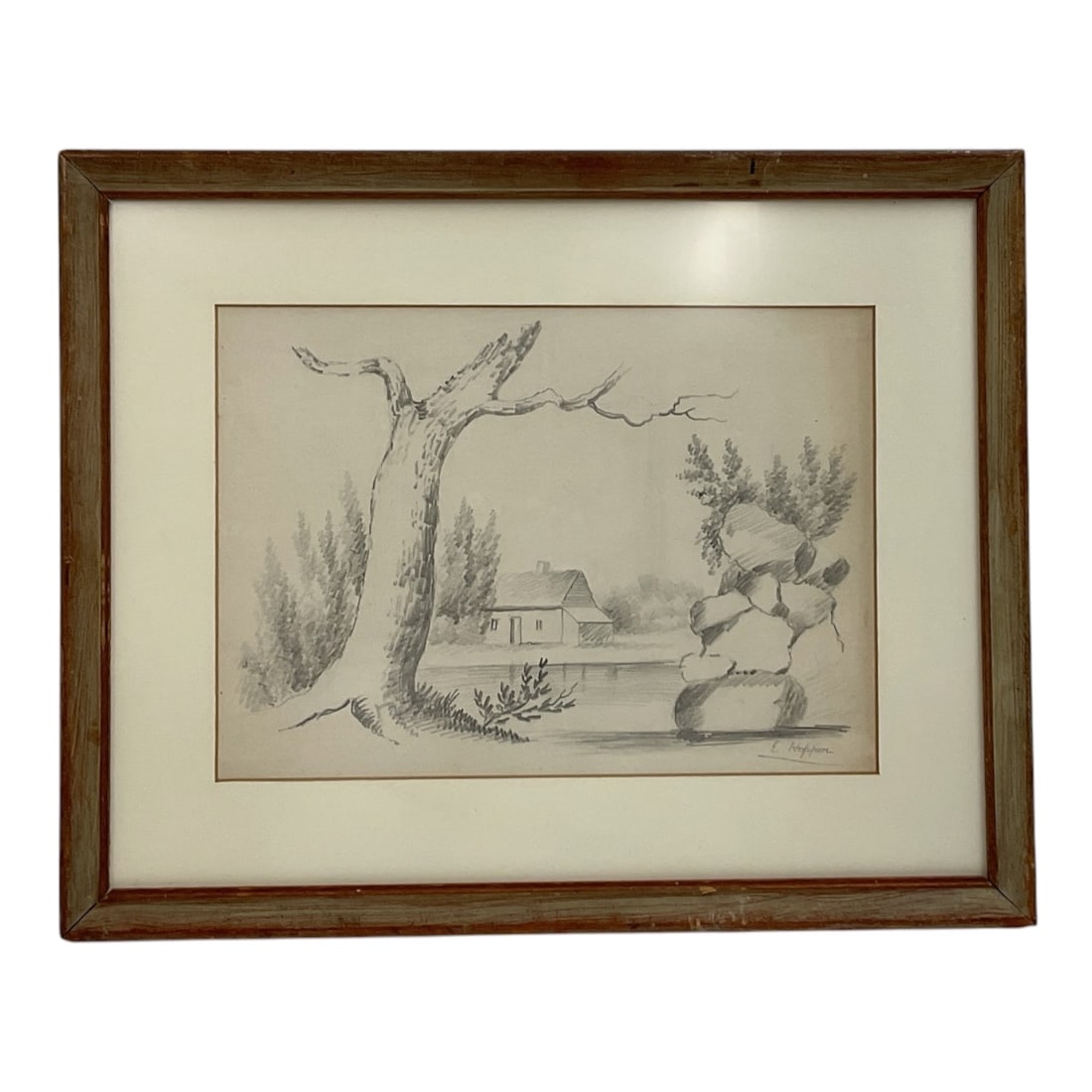 "Landscape with Cottage" by Edward Hopper (United States, 1882-1967) Pencil on paper: This original graphite pencil drawing on paper depicts a serene rural landscape featuring a small cottage or farmhouse positioned along a quiet shoreline. The foreground composition is balanced by a p