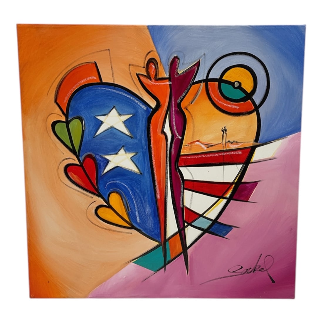 Alfred Alex Gockel American Harmony Original Acrylic Painting on Canvas with COA: An original acrylic painting on canvas titled American Harmony by Alfred Alex Gockel, dated 2016. The composition features a vibrant abstract design centered around a stylized heart motif incorporatin