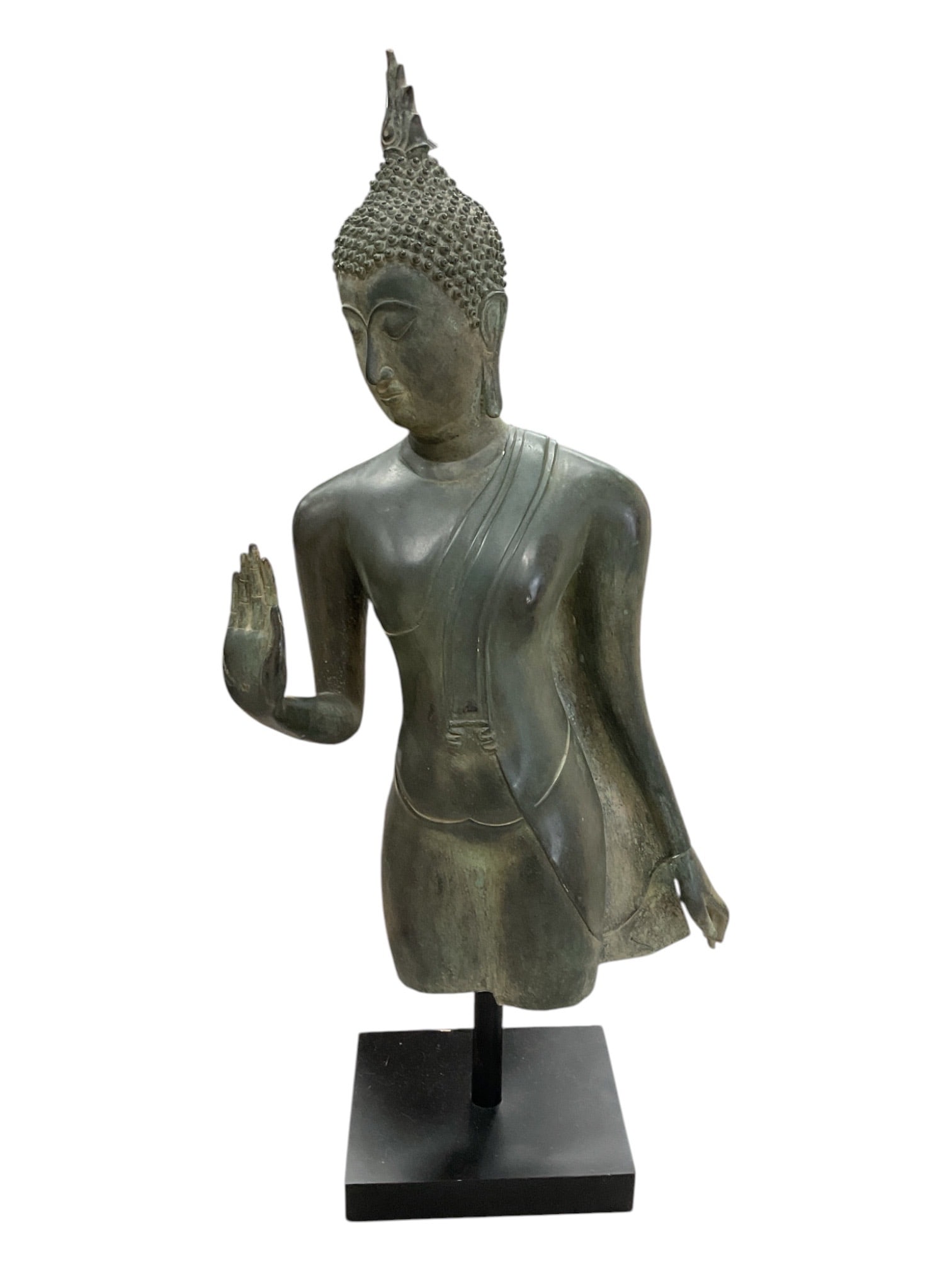 Southeast Asian Bronze Torso of a Standing Buddha: This striking Southeast Asian cast bronze sculpture depicts a partial torso of a standing Buddha, heavily influenced by Sukhothai or Ayutthaya stylistic traditions. The figure is modeled with characte