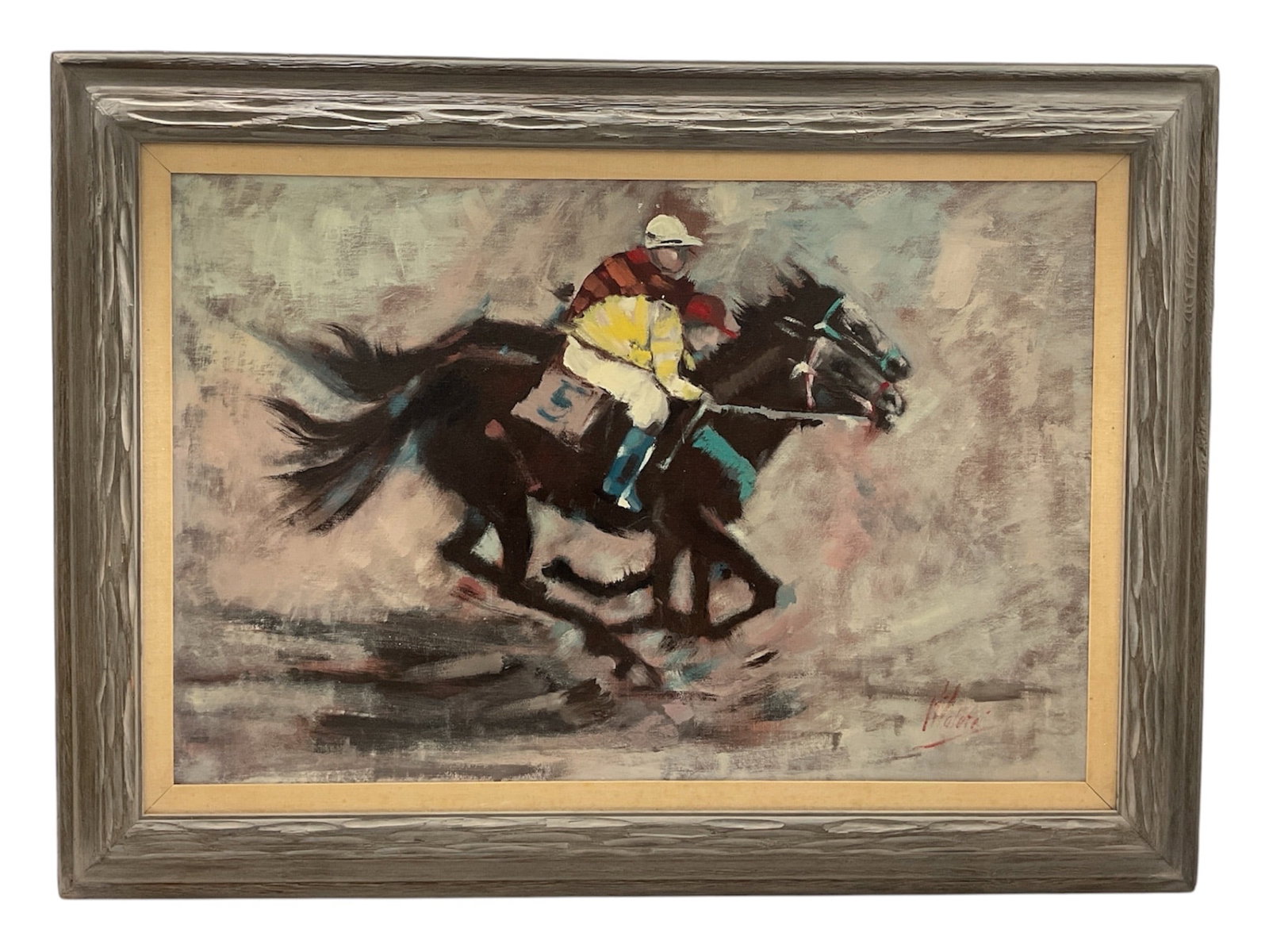 "Thoroughbreds Racing to the Finish" by Michael Valenti (United States, B. 1959) Original Oil: This dynamic and action-packed original oil painting beautifully captures the intense speed and kinetic energy of a live horse race. The composition centers on two powerful thoroughbred racehorses run