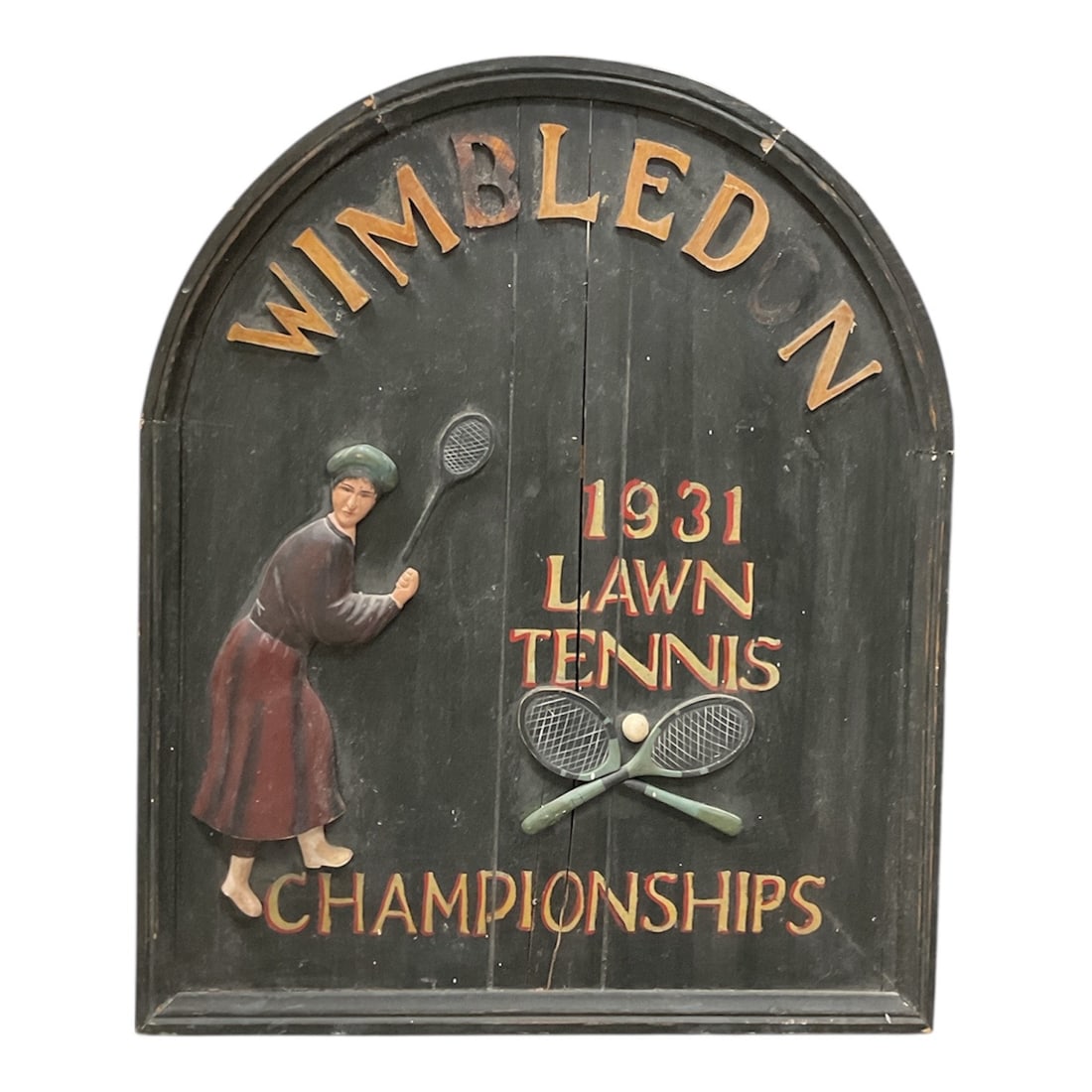 "1931 Wimbledon Lawn Tennis Championships" (British, 20th Century) Hand-Painted Carved Wood Pub Sign (1 of 3)