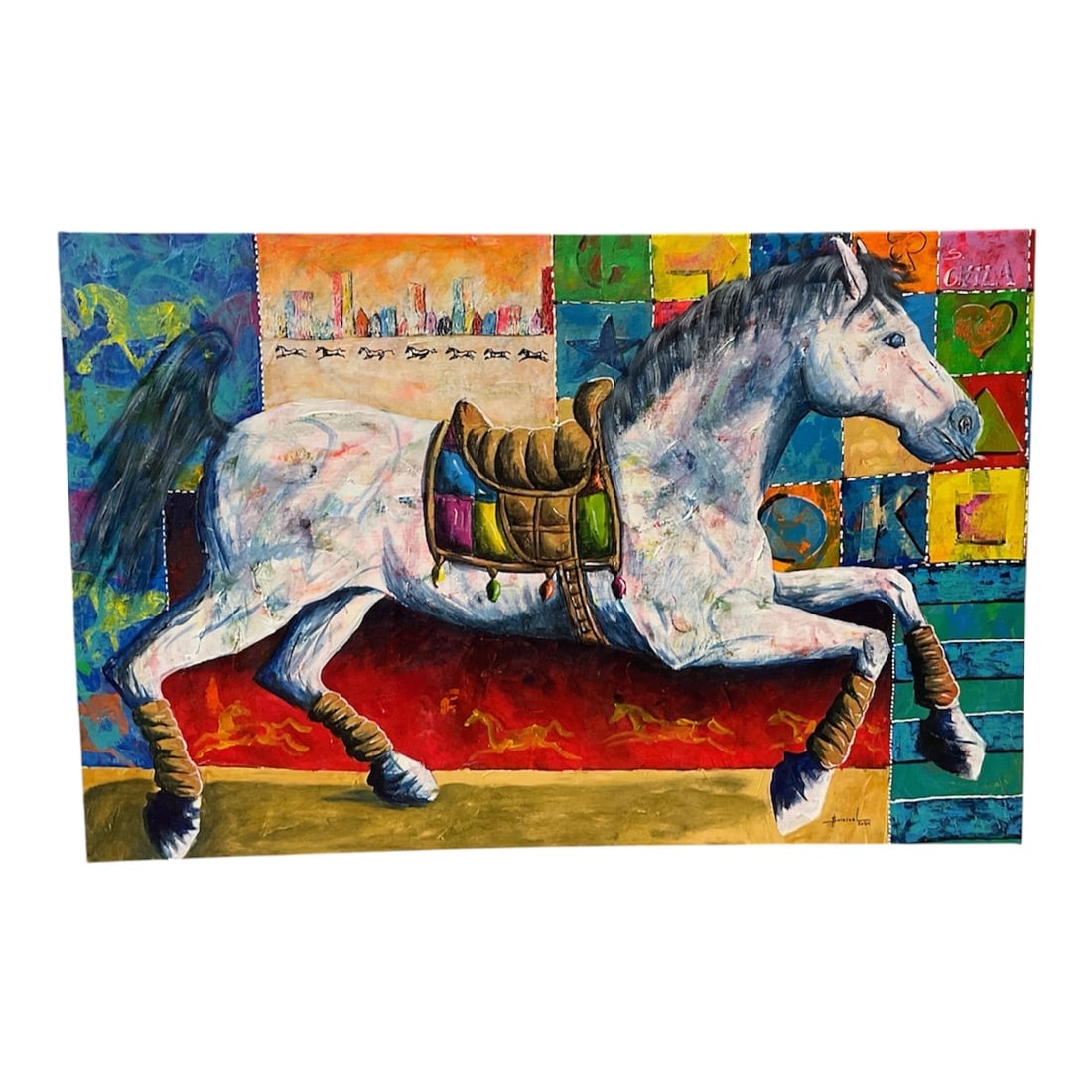 Yovanny Saracual "Serie Galope en el Norte" 2024: Contemporary painting by Yovanny Saracual depicting a saddled white horse rendered in a dynamic stylized composition with vibrant patchwork color fields and graphic decorative elements. Executed in a 