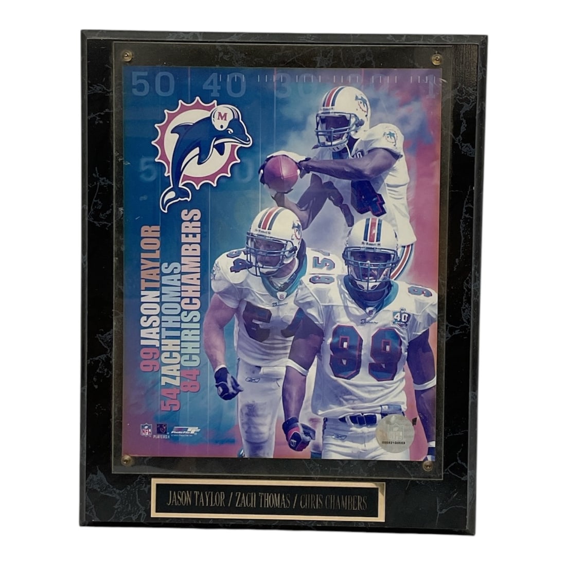 Miami Dolphins Player Tribute Plaque: Decorative tribute plaque featuring Miami Dolphins players Jason Taylor, Zach Thomas, and Chris Chambers. The display includes a photo montage with team graphics and individual player images, mounted