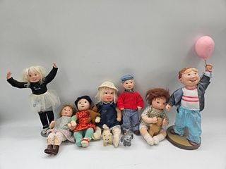 Collection of Dianne Dengel Dolls: Group of seven expressive collectible dolls designed by artist Dianne Dengel, known for her heartwarming and lifelike depictions of children. The set features various playful characters dressed in det