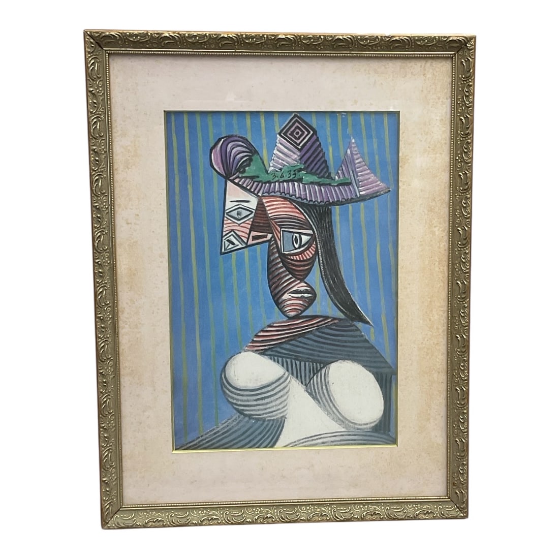 "Bust of a Woman Wearing a Striped Hat" by Pablo Picasso (after):  "Bust of a woman wearing a striped hat" reproduction of Pablo Picasso's original. Medium: Lithograph Dimensions: H:23in L:18in