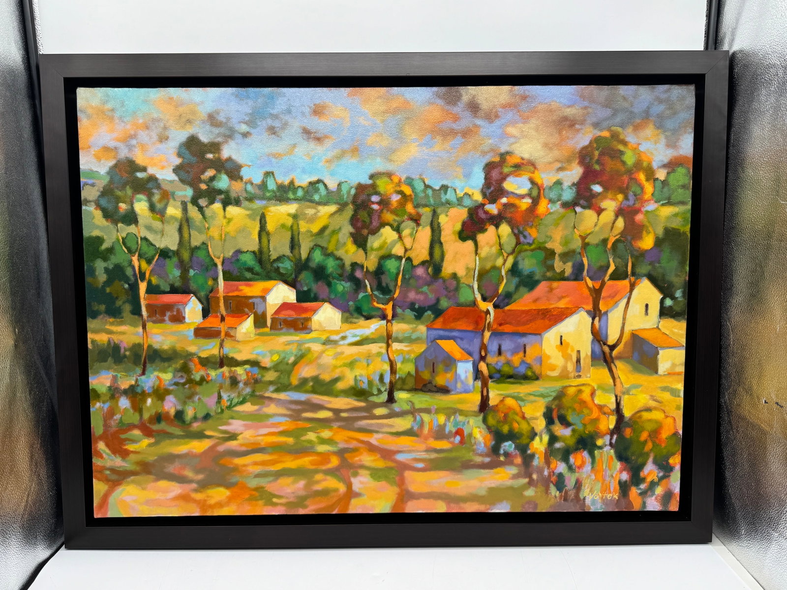 "Villa Srock" -by Voytek Glinkowski (Polish, b. 1959) w/ Docs:  Artist: Voytek Glinkowski (Polish, b. 1959) Medium: Mixed Media on Canvas (2000) Style: Landscape Dimensions: painting (30" Tall x 42"
