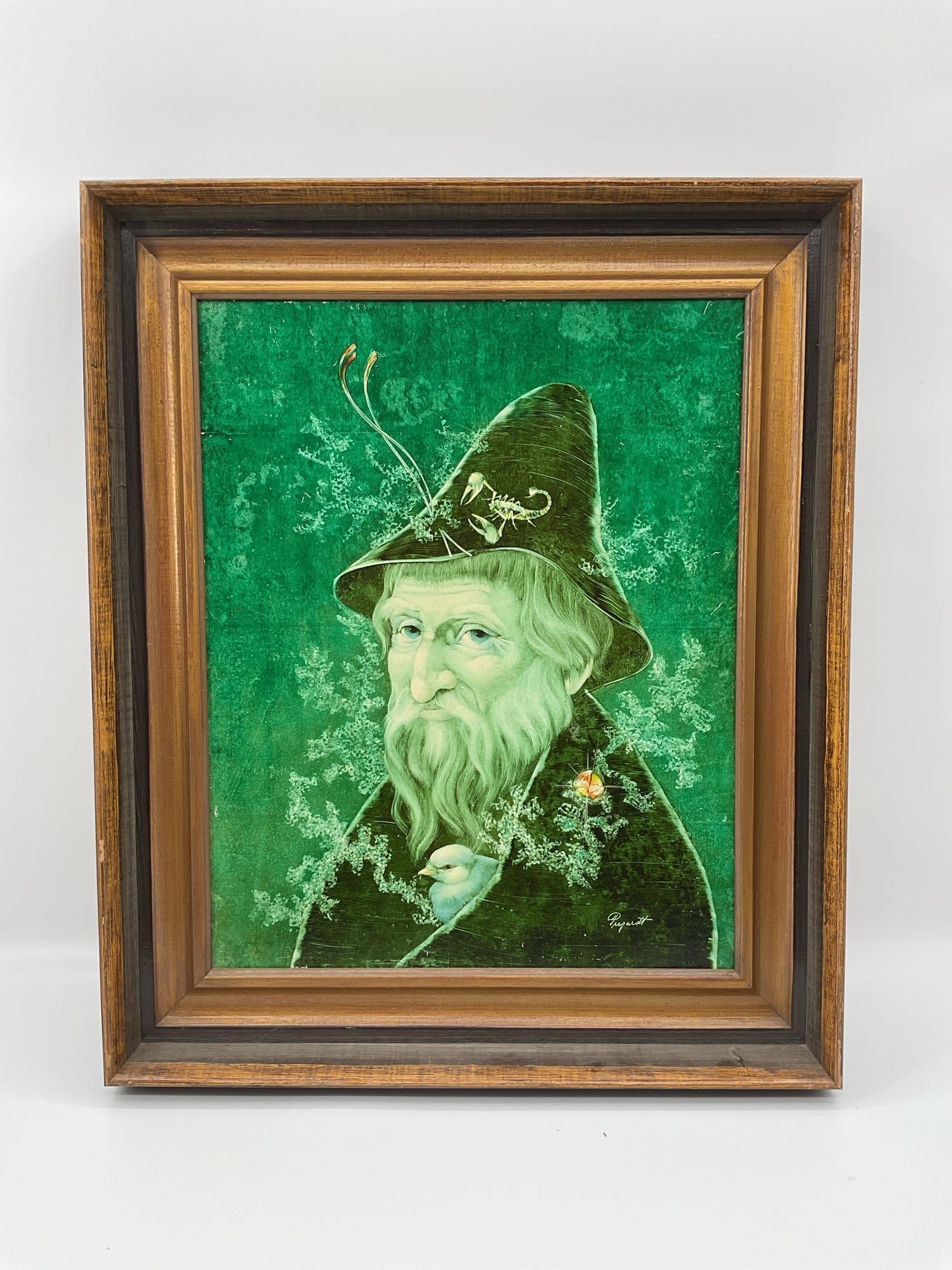 Forest Sage with Birds and Mushrooms, Signed Pregarott (Australian): This is a whimsical portrait of an elderly man with a long white beard wearing a tall green hat adorned with mushrooms, twigs, and leaves. His coat blends into the surrounding greenery, with small bir