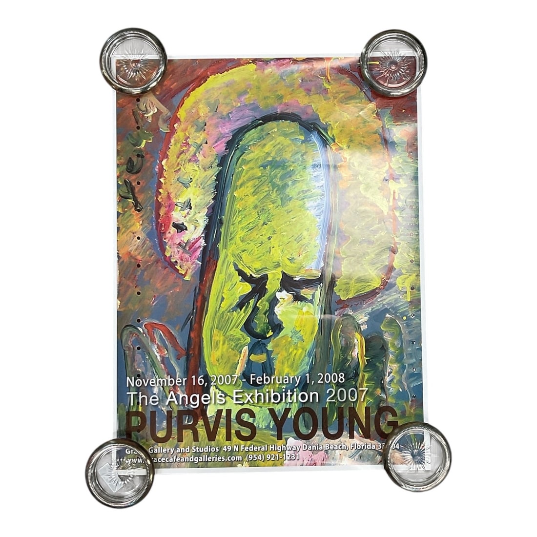 Purvis Young (Miami, Florida) – "The Angels Exhibition" Dania Beach Poster (2007): This striking piece is an authentic vintage exhibition poster from legendary Miami outsider artist Purvis Young's historic show, The Angels Exhibition 2007, which ra