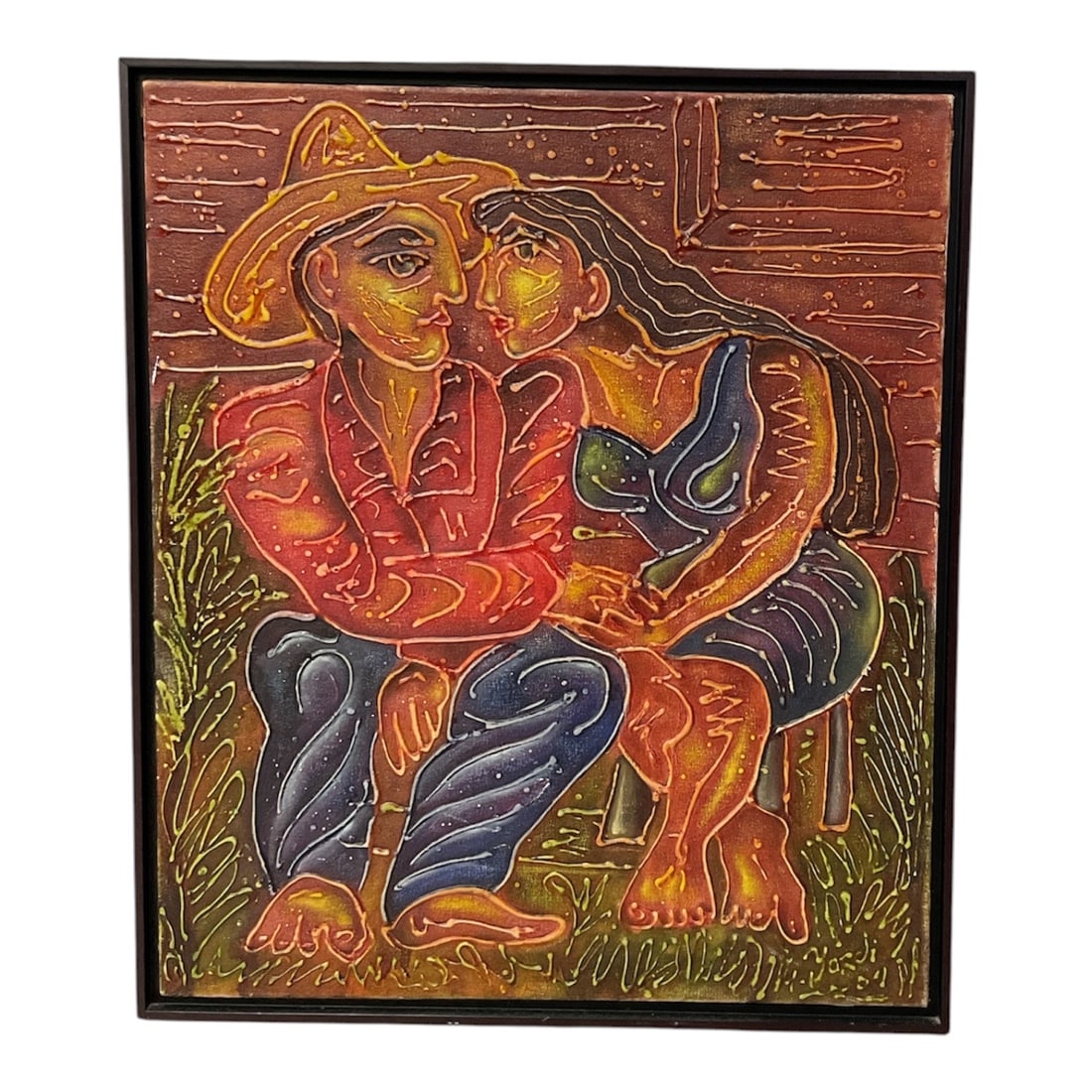 "Los Amantes" by Yordi Buergo (Cuban/American, B.1961) Mixed Media on Canvas: Colorful folk art-style relief painting depicting an embracing couple seated outdoors. The composition features a man in a wide-brimmed hat and a woman leaning affectionately toward him, rendered in b