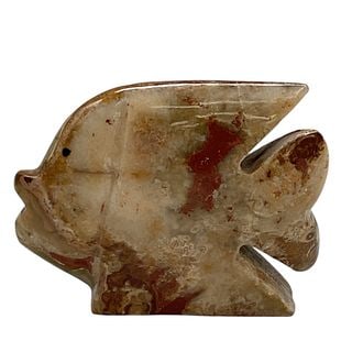 Carved Banded Onyx Fish Figurine, Pakistan: A hand-carved stone figurine depicting a stylized fish, crafted from banded onyx with natural striations in earthy tones of cream, brown, and reddish hues. The piece features smooth polished surfaces 