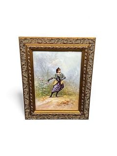 Antique French Limoges Porcelain Plaque Painting: Description: Framed porcelain plaque depicting a woman in a landscape setting. The piece is presented in an ornate gilt frame. Medium: hand painted porcelain Dimensions: H:14in, L:11.5in
