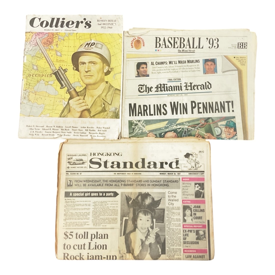 Collection of Historic Magazines and Newspapers: This collection includes a variety of vintage magazines and newspapers documenting significant moments in American history, sports, and current events. Highlights include a Col