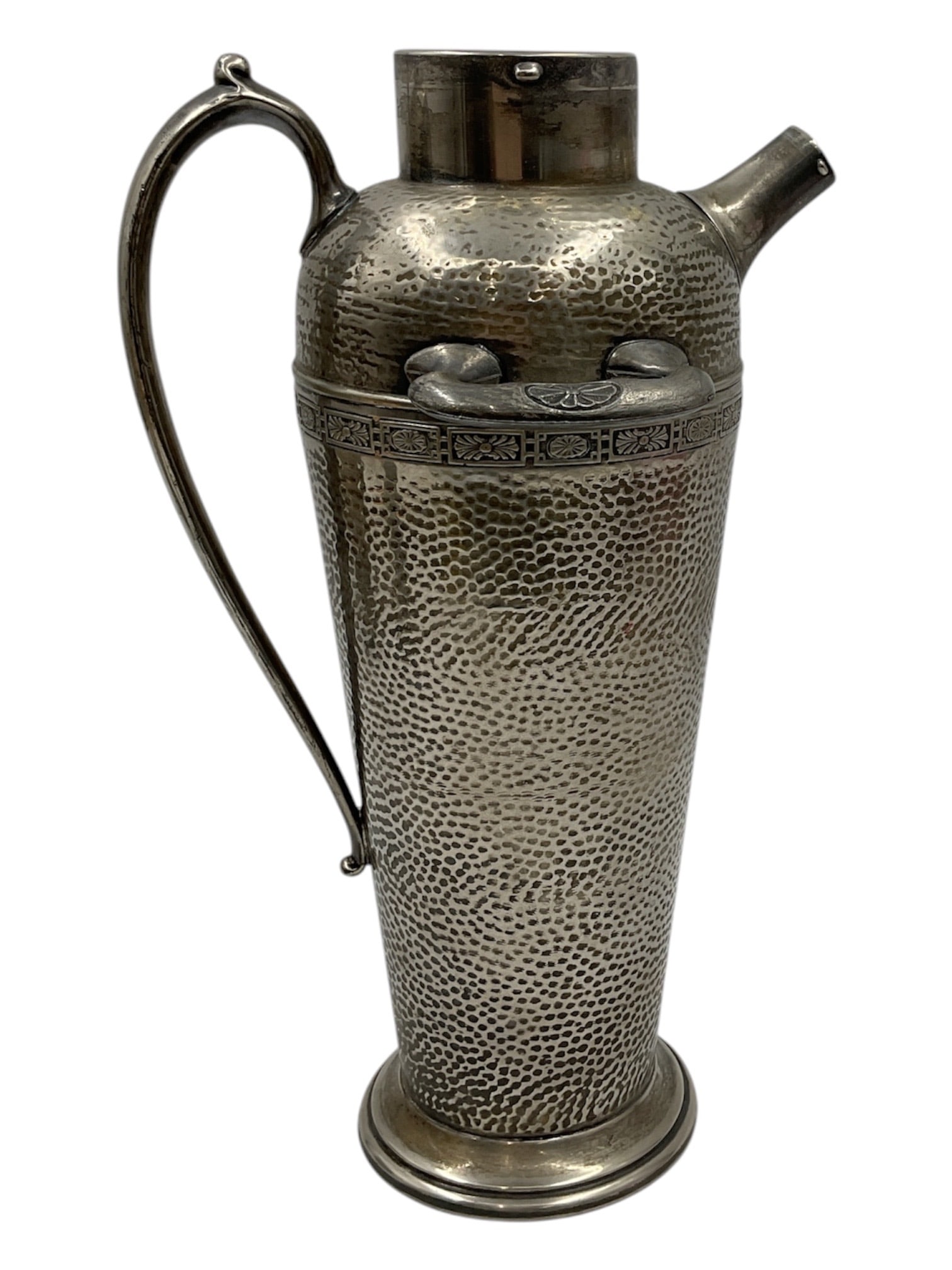 Crescent Silver Mfg. Co. Silver-Plated Cocktail Shaker: Vintage silver-plated cocktail shaker by Crescent Silver Mfg. Co., featuring a hand-hammered finish with an engraved foliate border below the collar. The shaker has an integrated pouring spout, curved