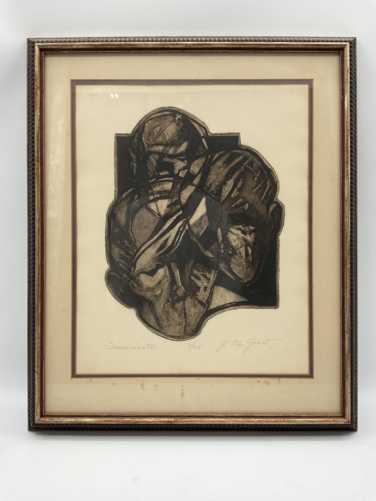 Triumvirate by J. De Groot Lithograph: Figurative abstract print depicting three intertwined forms in a bold, shadowed composition. Signed and numbered 7/25 by the artist. Dimensions: H23in L19in Medium: Limited edition lithograph on paper