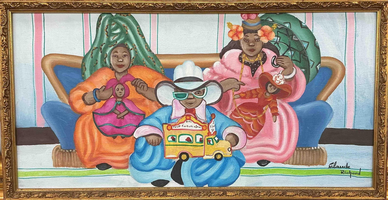 Claude Richard - Family Portrait with Toys and Dolls: Playful and colorful painting of a family seated on a couch, featuring vivid outfits, dolls, and a toy ice cream truck. The figures are stylized with exaggerated features and bright expressions. Dimen