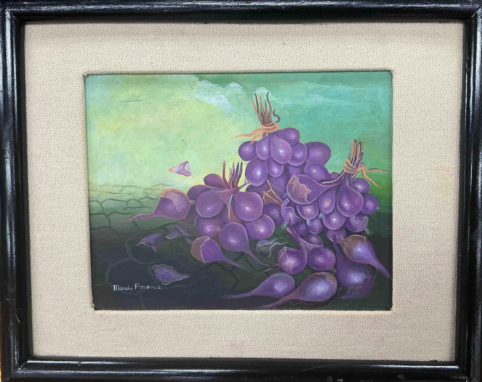 Florence Mardi - Purple Onion Still Life: Vivid still life featuring a surreal arrangement of bundled purple onions with scattered peels and soft green background, signed by the artist. Dimensions: H13in L16in Medium: Acrylic on board
