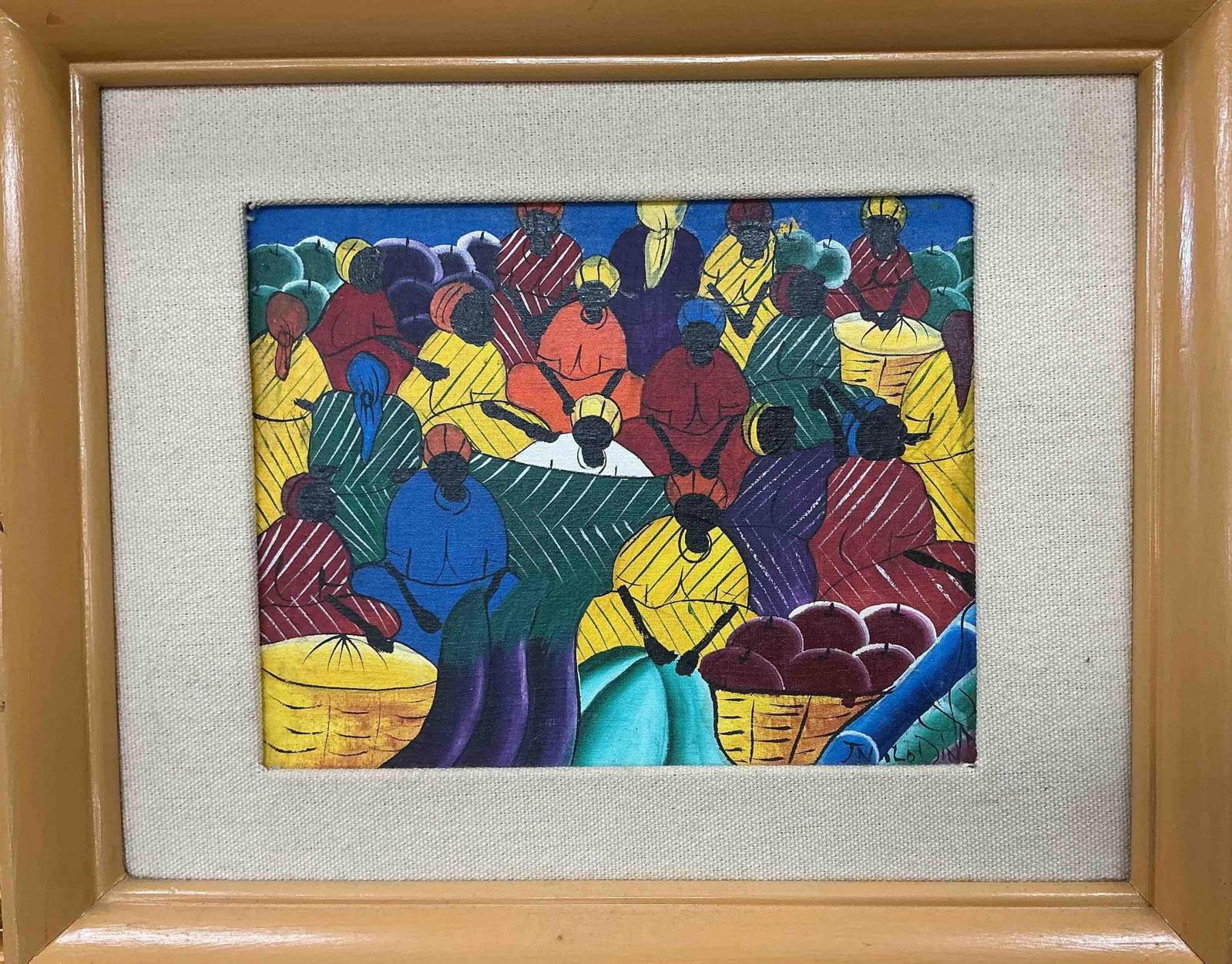 Jean L - Vibrant Fruit Basket Still Life: Colorful composition featuring a basket overflowing with purple fruit and tropical leaves, painted in a vivid palette typical of Haitian folk art. Signed Jean L Dimensions: H13in L16in Medium:&nb