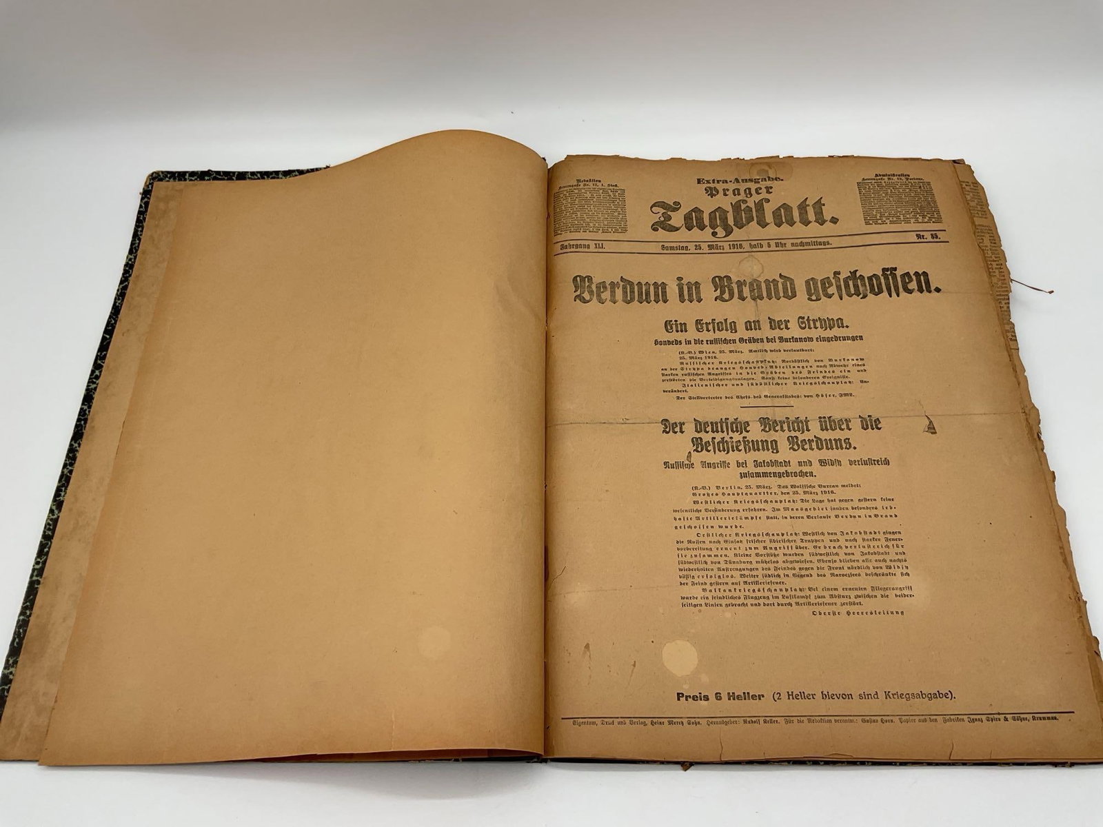 Bound Volume of Prager Tagblatt Newspaper – March 25, 1916: This item is a large bound volume containing issues of the Prager Tagblatt, a major German-language newspaper from Prague. The visible front page is dated March 25, 1916, and features wartime headline