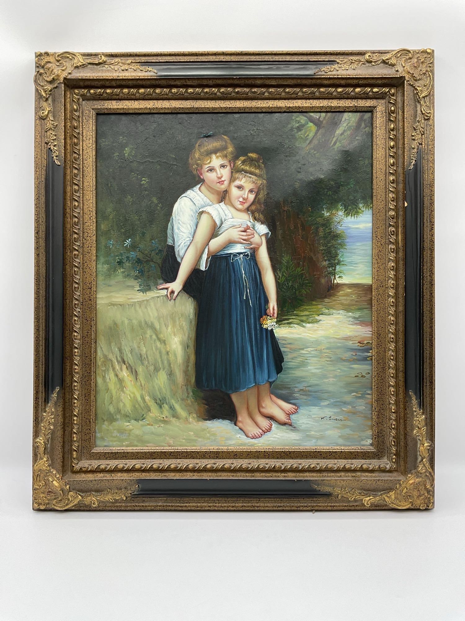 Victorian Style Painting by K. Snow: Realistic oil painting of two young girls standing barefoot by a stream, one embracing the other. They wear coordinated outfits in soft white and navy blue, surrounded by lush greenery and water. Sign