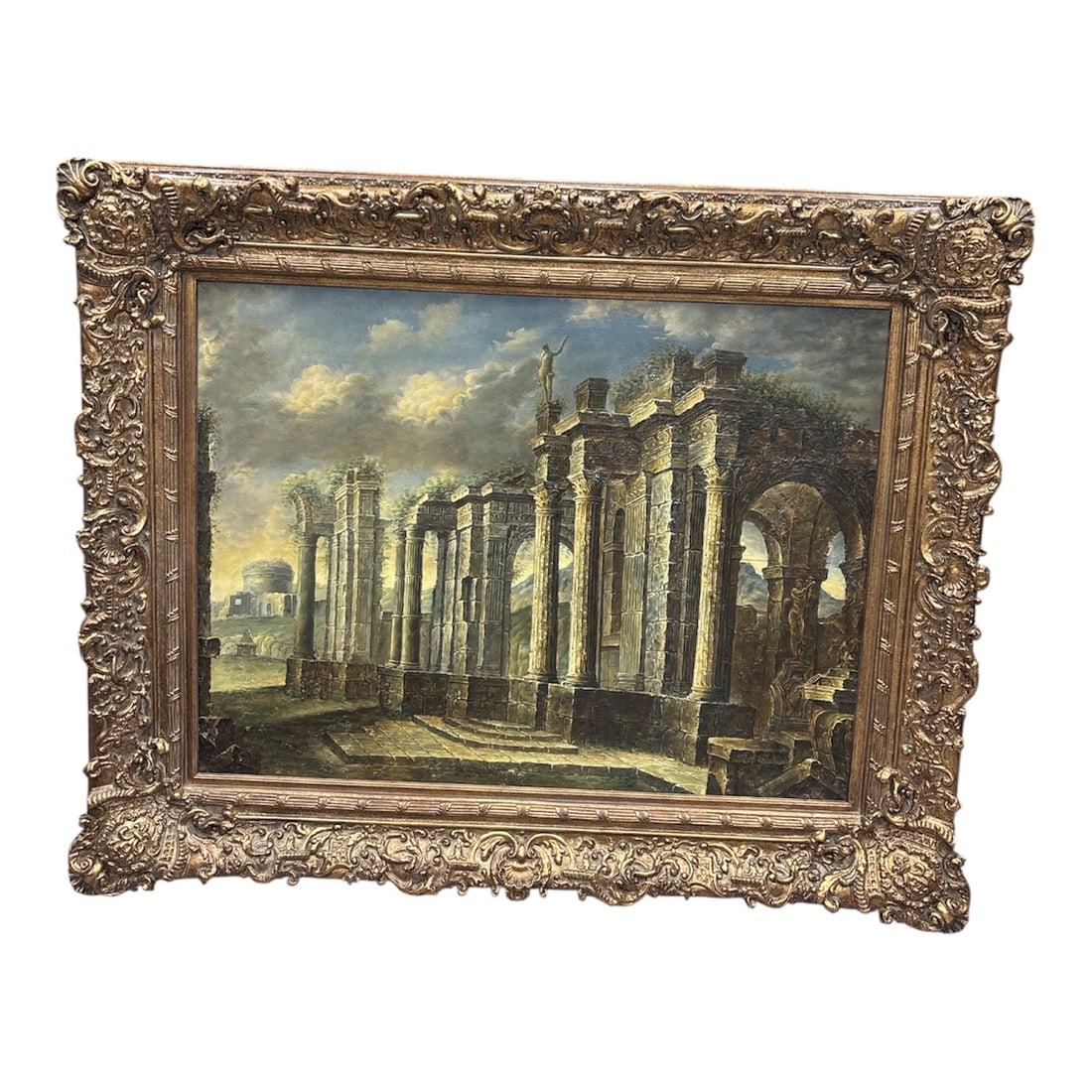 Large Neoclassical Capriccio: Roman Ruins at Sunset: DescriptionThis impressive, large-scale oil on canvas depicts a dramatic landscape of crumbling Greco-Roman architecture. The compos