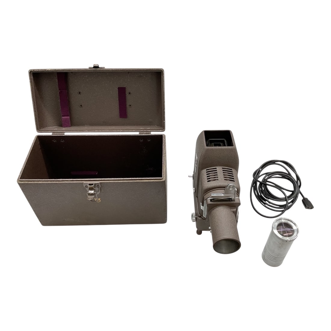 Bell & Howell Filmo Duo Master 8mm Film Projector with Original Case: Vintage Bell & Howell Filmo Duo Master 8mm film projector housed in its original fitted carrying case. The projector features a textured metal body with side mounted controls, integrated projectio