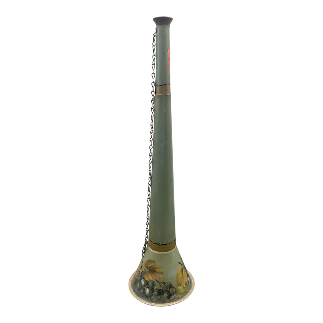 Decorative Ceremonial Style Horn with Hand Painted Base and Chain: A tall decorative horn form object featuring a tapered cylindrical body rising to a flared mouth, fitted with a hanging chain near the upper section. The lower portion is embellished with hand painted