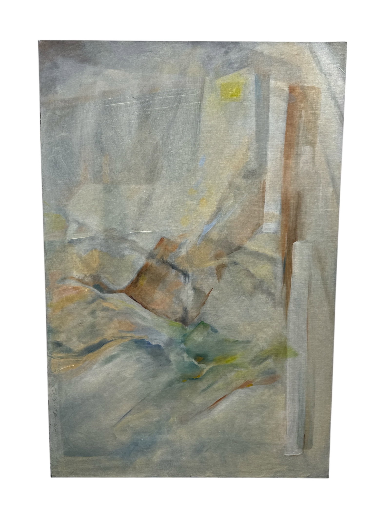 Contemporary Abstract Expressionist Oil, Vertical Composition: This abstract painting presents a vertical composition rendered in muted, earthy tones with layered forms and soft transitions of color. Broad, gestural brushwork and subtle geometric elements create 