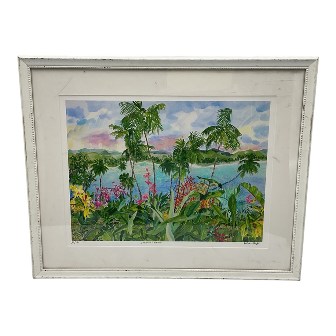Eileen Seitz Heavens Earth Archival Pigment Print on Paper: Offered is an archival pigment print on paper titled Heavens Earth by artist Eileen Seitz. The composition presents a vibrant tropical landscape filled with lush green foliage, flowering plants, and p