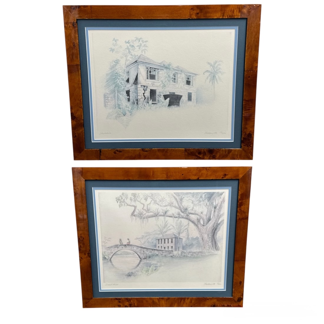 Pair of Signed, Titled, L.E. Architectural Landscape Prints, Professionally Framed - Peter Kristoff: This matching pair of limited edition prints depicts tranquil architectural and river landscapes rendered in soft monochromatic tones. The scenes feature classical buildings, bridges, trees, and calm 