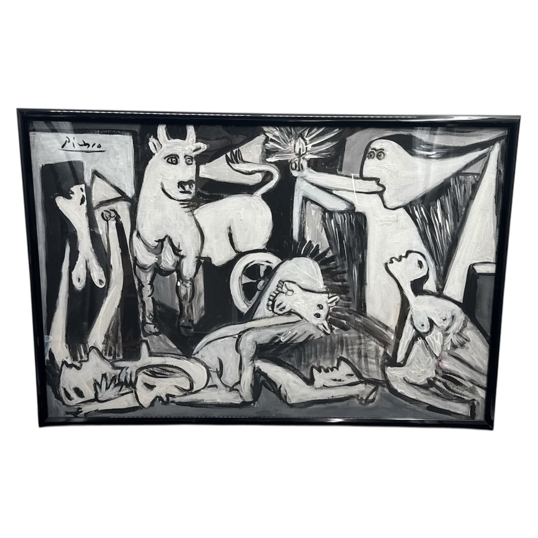 Homage to Picasso's Famous Guernica Painting, Black and White Cubist Style, Framed: This large painting presents a dramatic black and white cubist-style composition inspired by the visual language of Pablo Picasso, referencing the fragmented forms and expressive intensity associated 