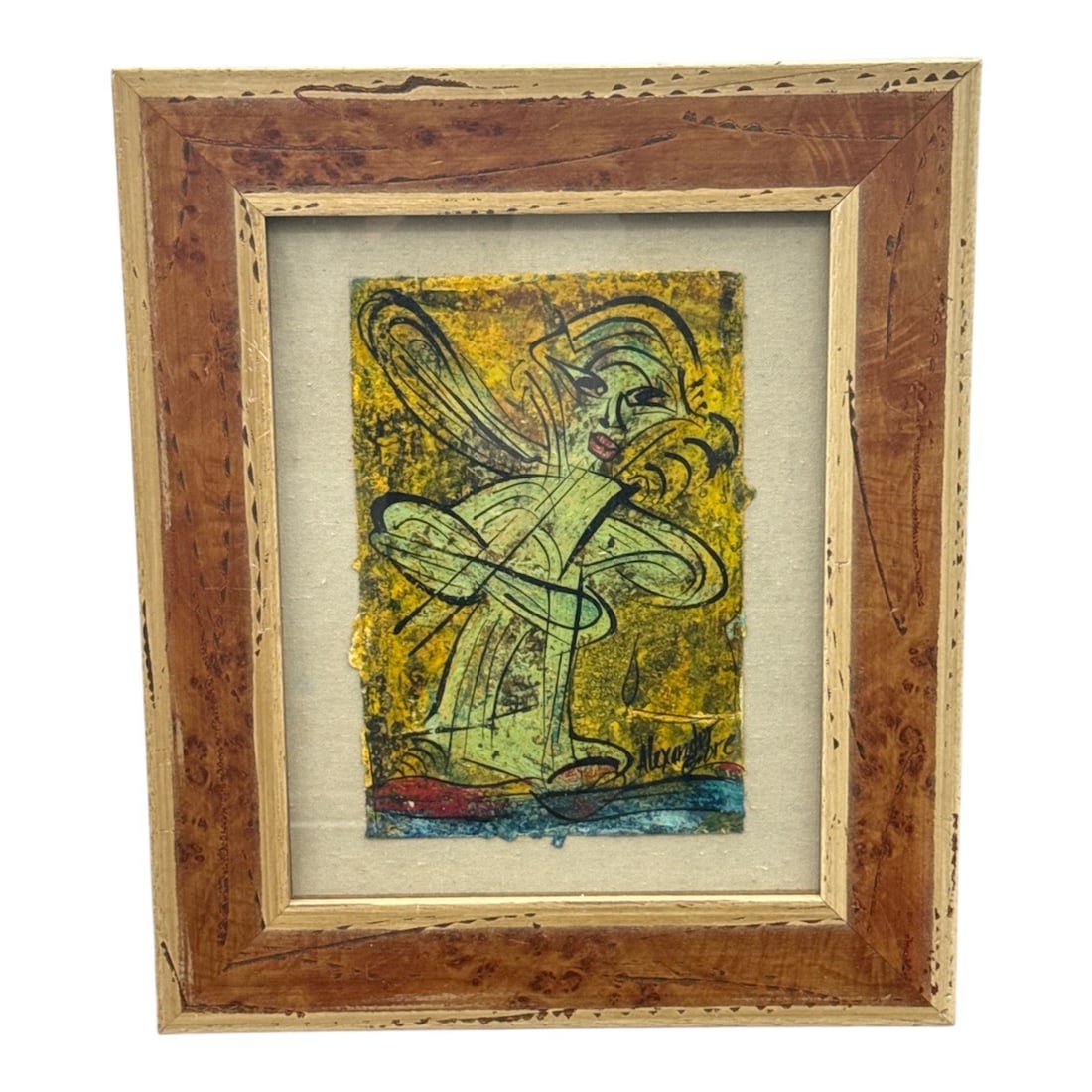 Alexander Gore Signed Abstract Mixed Media Painting with COA: Original abstract mixed media painting by Alexander Gore featuring expressive linear forms layered over a richly textured, colorful ground. The composition combines bold black line work with saturated