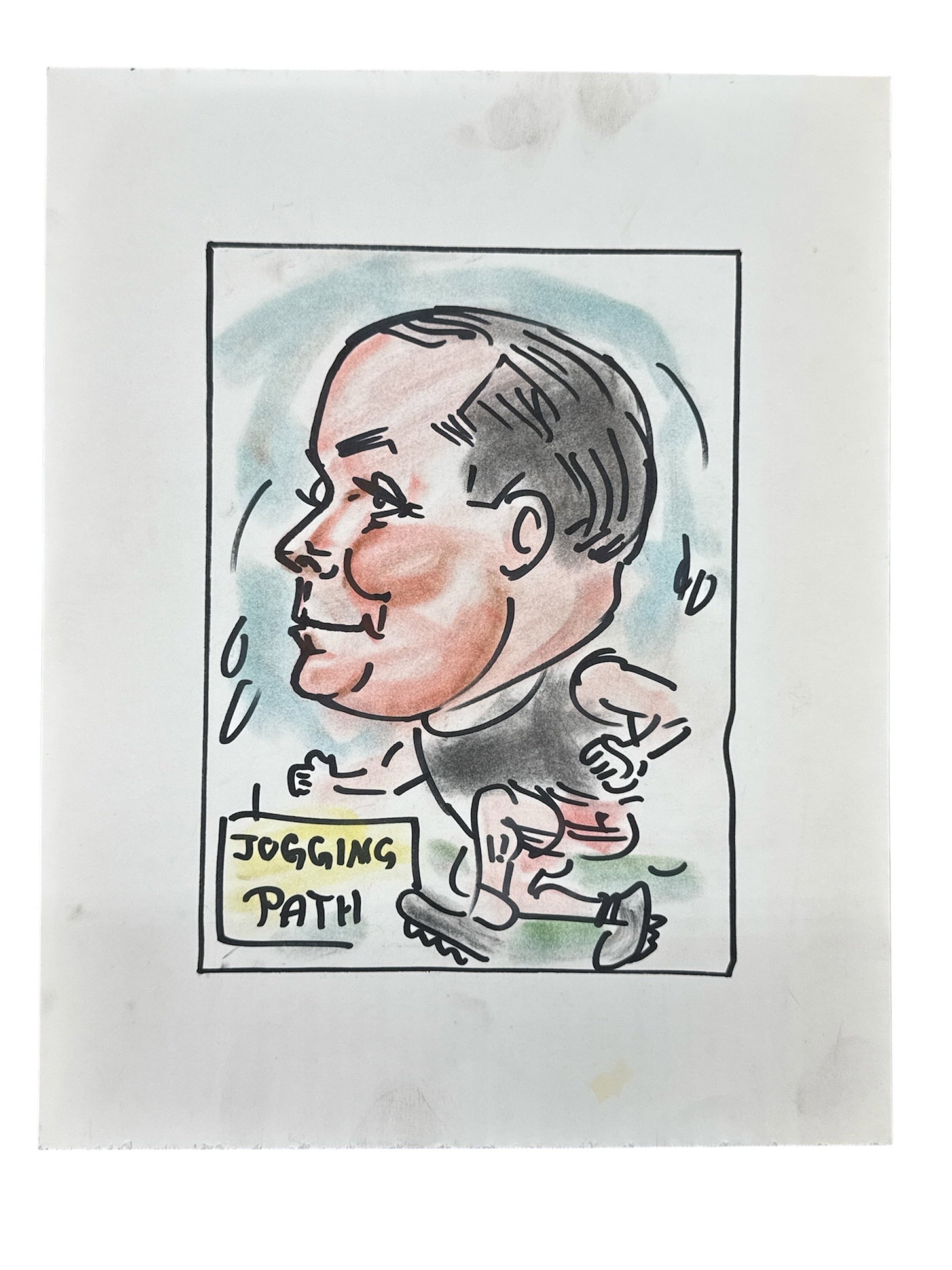 Caricature Illustration: The Enthusiastic Jogger: Description This original mixed-media caricature depicts a man in profile, mid-stride along a "Jogging Path." The artwork features bold black ink outline
