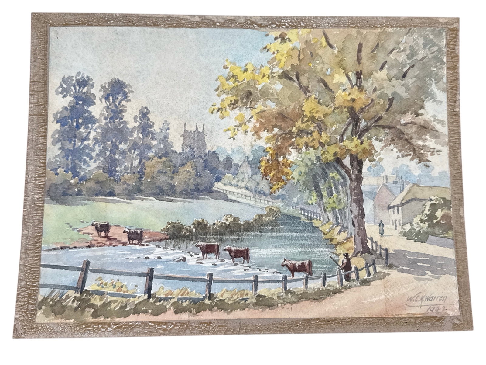 W.G. Warren (1942) Original Watercolor – Pastoral Scene with Cattle: Charming pastoral landscape painting signed W. C.K. Warren and dated 1942 lower right. The composition depicts cattle gathered near a pond within a tranquil countryside setting. A split rail fence fra