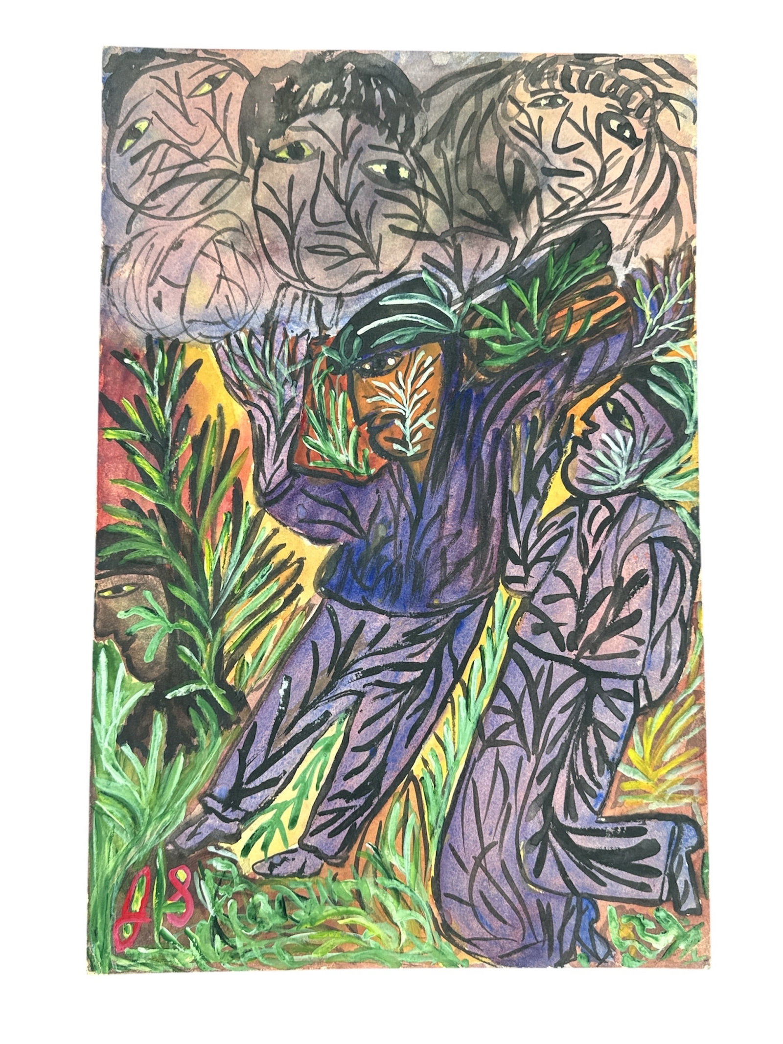 Modern Expressionist Figural Composition – Monogrammed "JS": Bold contemporary expressionist painting signed in lower left corner. The composition depicts stylized human figures interwoven with dense foliage and layered faces emerging in the background. St