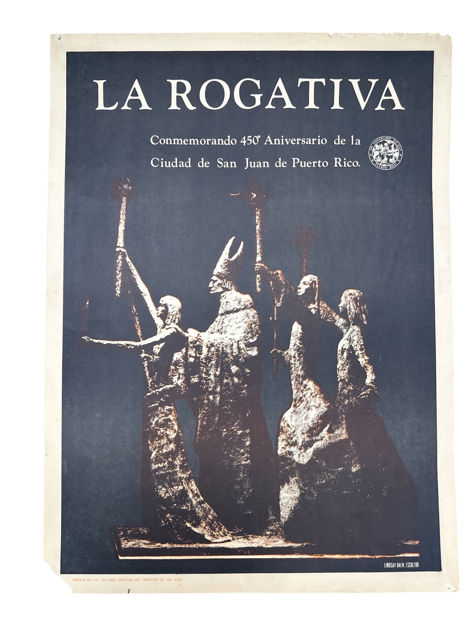 Vintage 1971 "La Rogativa" Commemorative Poster – 450th Anniversary of San Juan, Puerto Rico –: Description Historical Significance:This striking vintage poster commemorates the 450th anniversary (1521–1971) of the founding of San Juan, Puerto Rico. It features the iconic