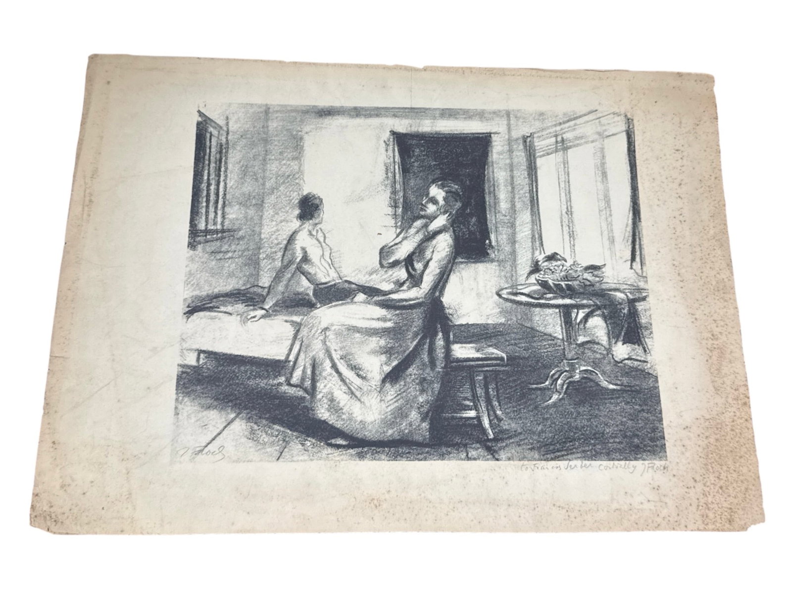 Joseph Floch (1894–1977) Lithograph - Interior Scene with Figures: DescriptionThis is a compelling mid-century original lithograph by the Austrian-born American artist Joseph Floch. Known for his melancholic and architectural approach to interior spaces, this work