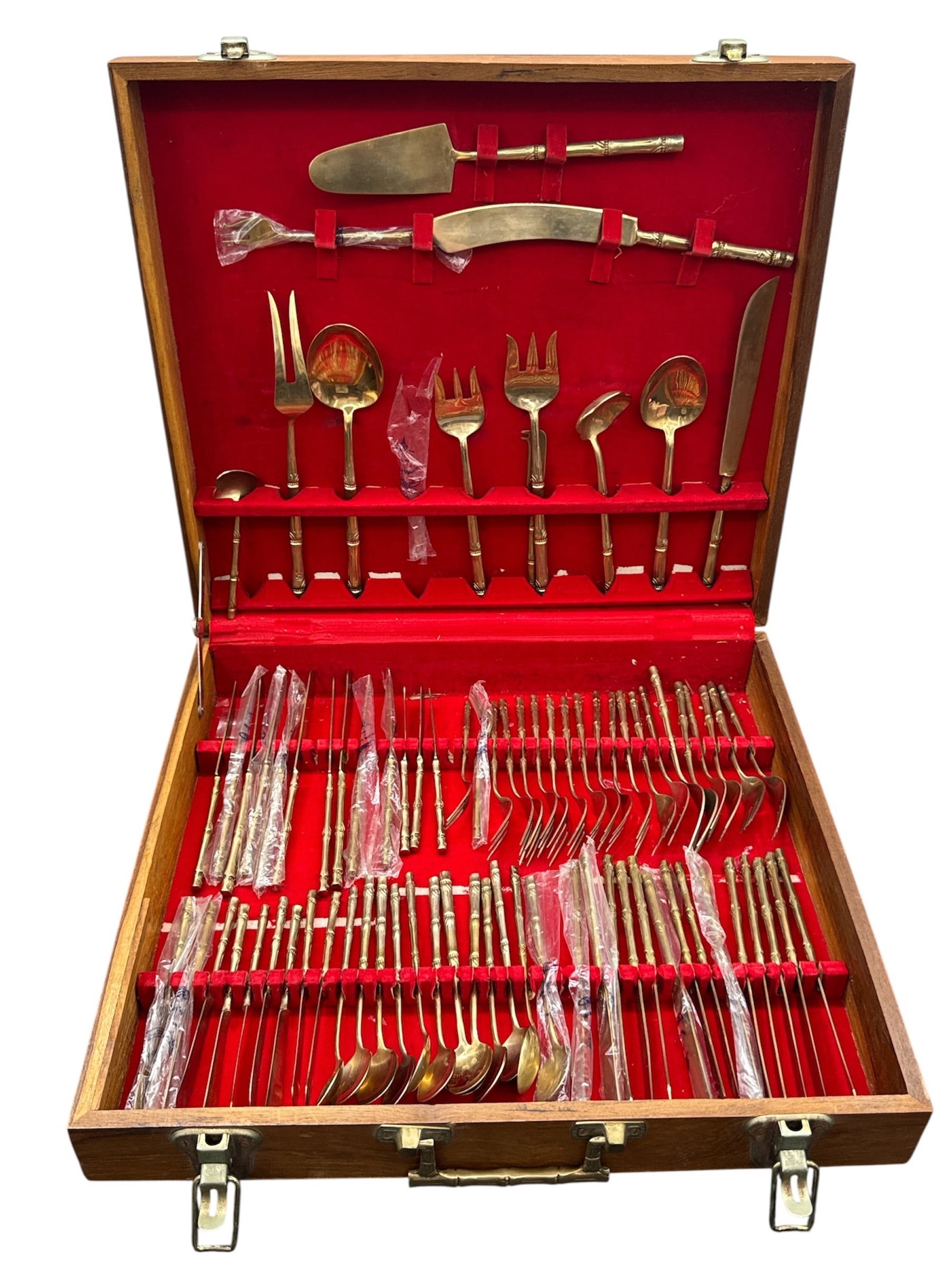 Rare Vintage Thai Nickel Bronze Flatware Set, Service for 12, King/Buddha Design w/ Wood Case (1 of 3)