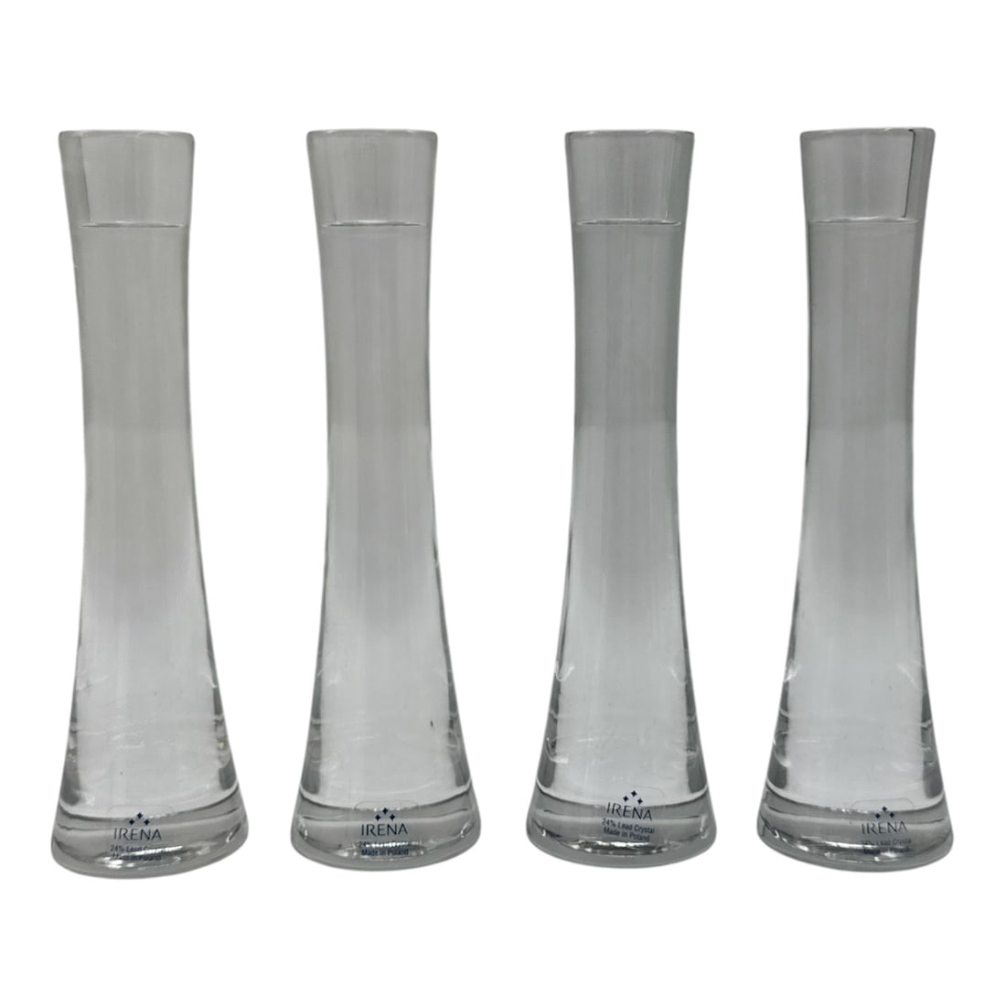 Set of Four Tall Clear Glass Bud Vases: A set of four clear glass bud vases featuring a slender flared form with gently tapered waists and weighted circular bases. The minimalist silhouette and smooth glass finish offer clean, modern appeal