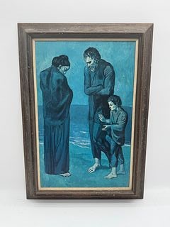 After Pablo Picasso "The Tragedy" Lithograph: Description: after Pablo Picasso's "The Tragedy". The print depicts three figures in blue tones. Image measures Medium: offset lithograph Dimensions: approximately 27 x 1