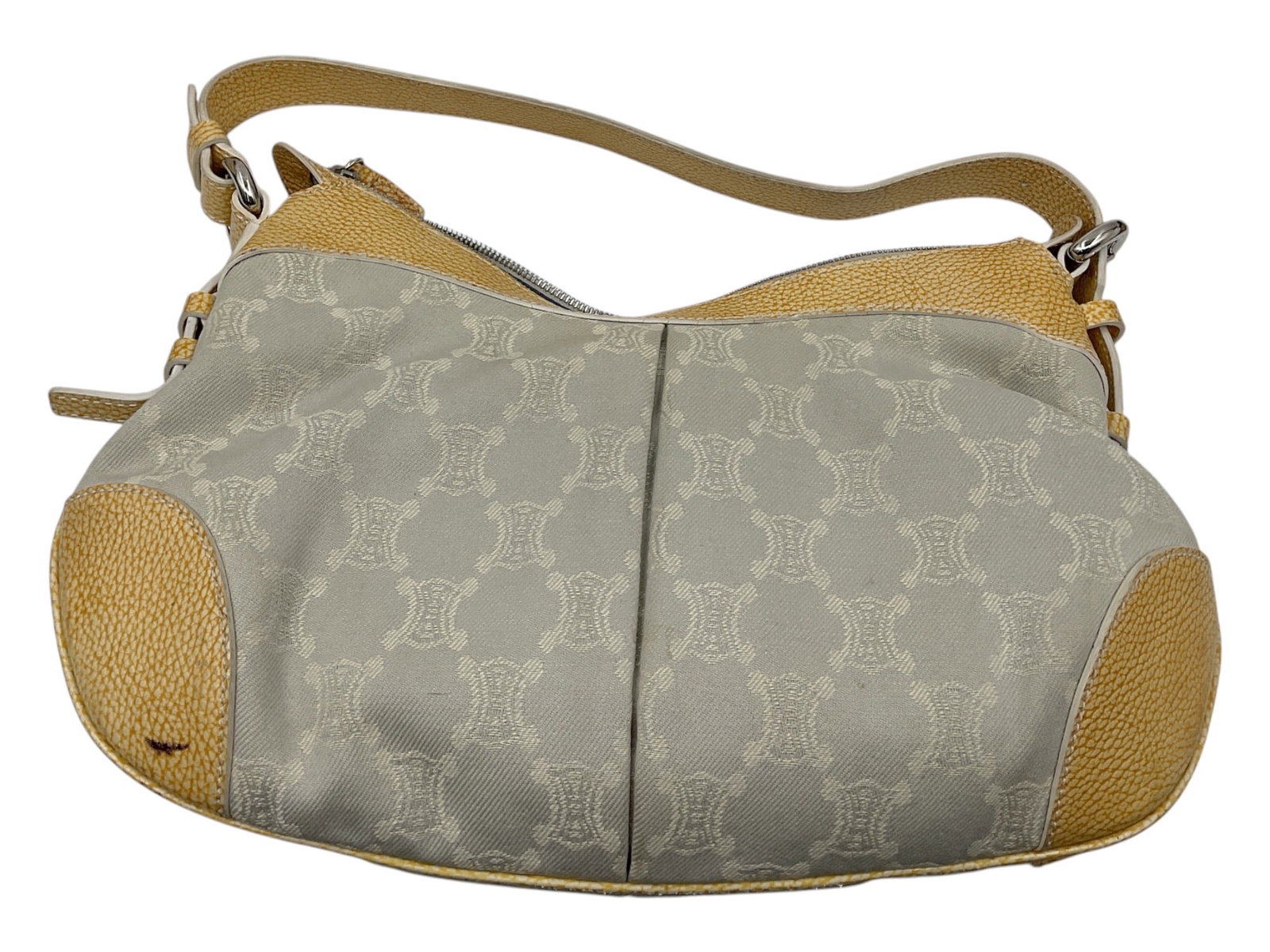 Celine Macadam Canvas and Leather Shoulder Bag with Wallet: Designer Celine shoulder bag featuring the iconic Macadam monogram canvas in a light neutral tone with tan pebbled leather trim and matching shoulder strap. Includes coordinating Celine wallet, origin