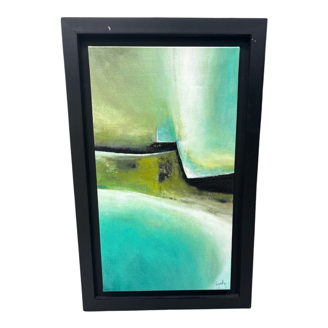 "Untitled" by Ivan Canas (Cuba, B.1946) Acrylic on Canvas: This vertical abstract composition by Cuban artist Ivan Cañas features a fluid arrangement of organic shapes in varying shades of emerald, seafoam, and olive green. A central, dark architectura