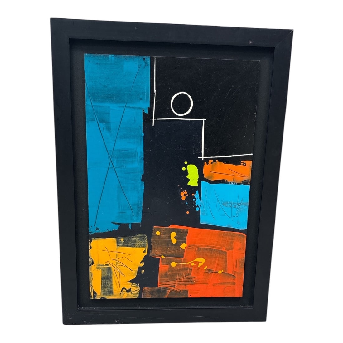 "Untitled" by Ricardo Avendaño (Venezuela, B.1969) Acrylic on MDF: This vertical abstract composition by Venezuelan artist Ricardo Avendaño features a deep black field punctuated by a crisp white circle and linear geometric motifs in the upper register. The lo