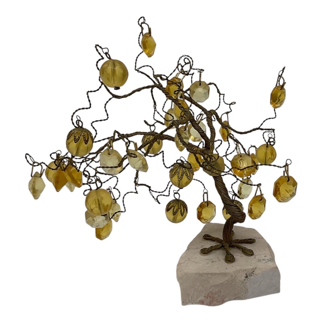Hardstone Gem Tree Sculpture on Stone Base: Decorative hardstone gem tree sculpture featuring polished stone leaves in varied amber and cream tones mounted on twisting wire branches with trunk and stone base. Intricate handcrafted design in the