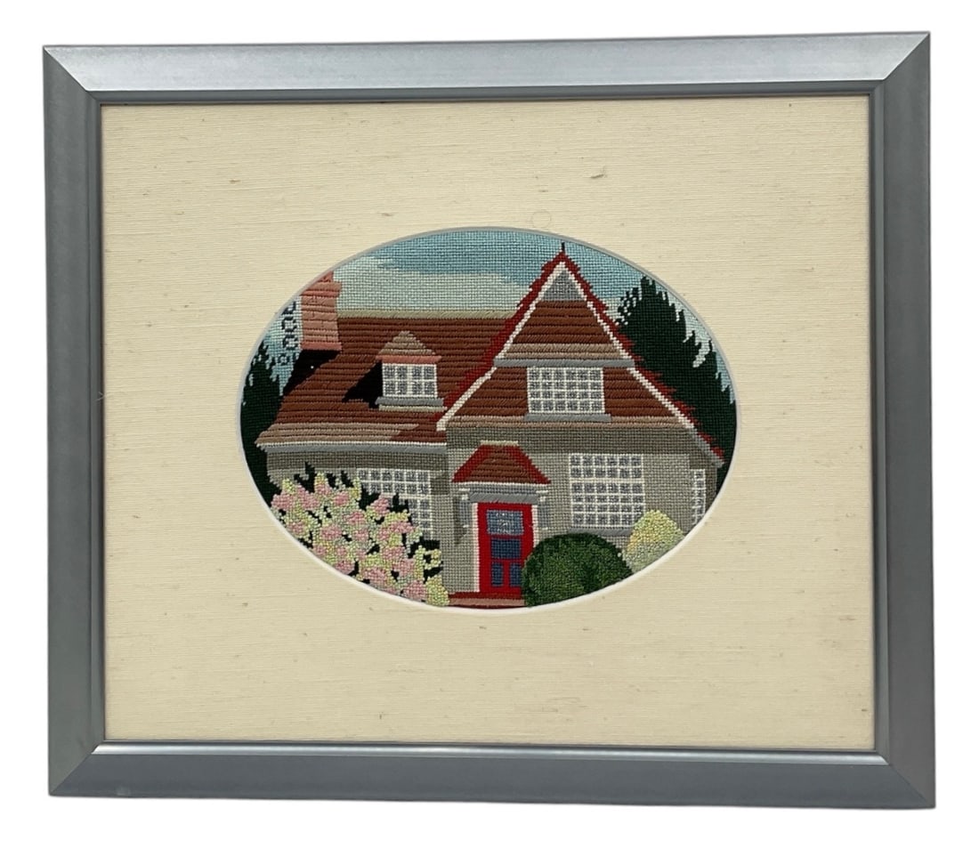 Idyllic Country Scene: his needlepoint artwork features a charming, idyllic country scene: