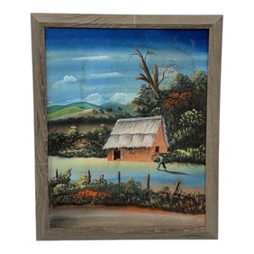 "Cuban Landscape with Bohio" by H. Dominguez (Cuba, 20th Century) Oil on Board