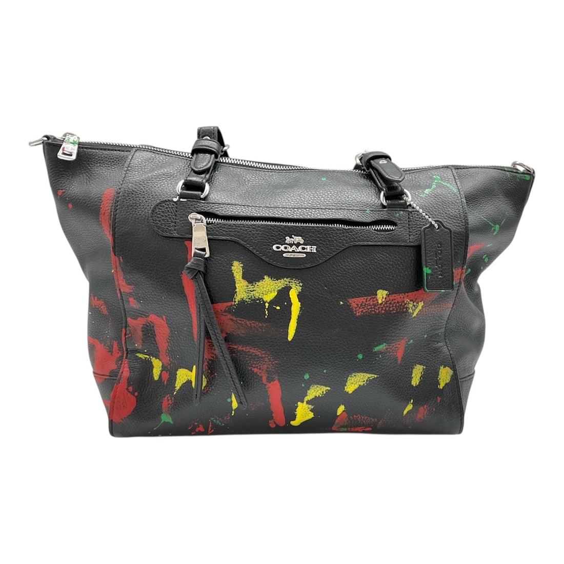 Coach New York Leather Tote Bag with Artist Embbelished Abstract Paint Splatter Design: This authentic Coach New York leather tote bag features a bold abstract paint splatter design executed in vibrant yellow, red, and green tones against a black pebbled leather ground. The bag is crafte