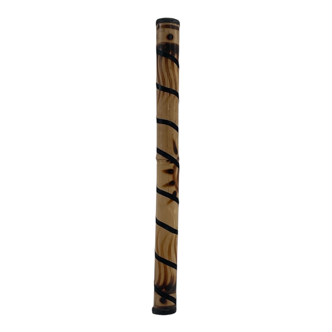 Hand-Painted Bamboo Rainstick: Decorative cylindrical bamboo tube featuring hand-painted abstract and organic motifs in black over a natural wood-tone ground. Measurements: Approximately 24 x 2 inches.
